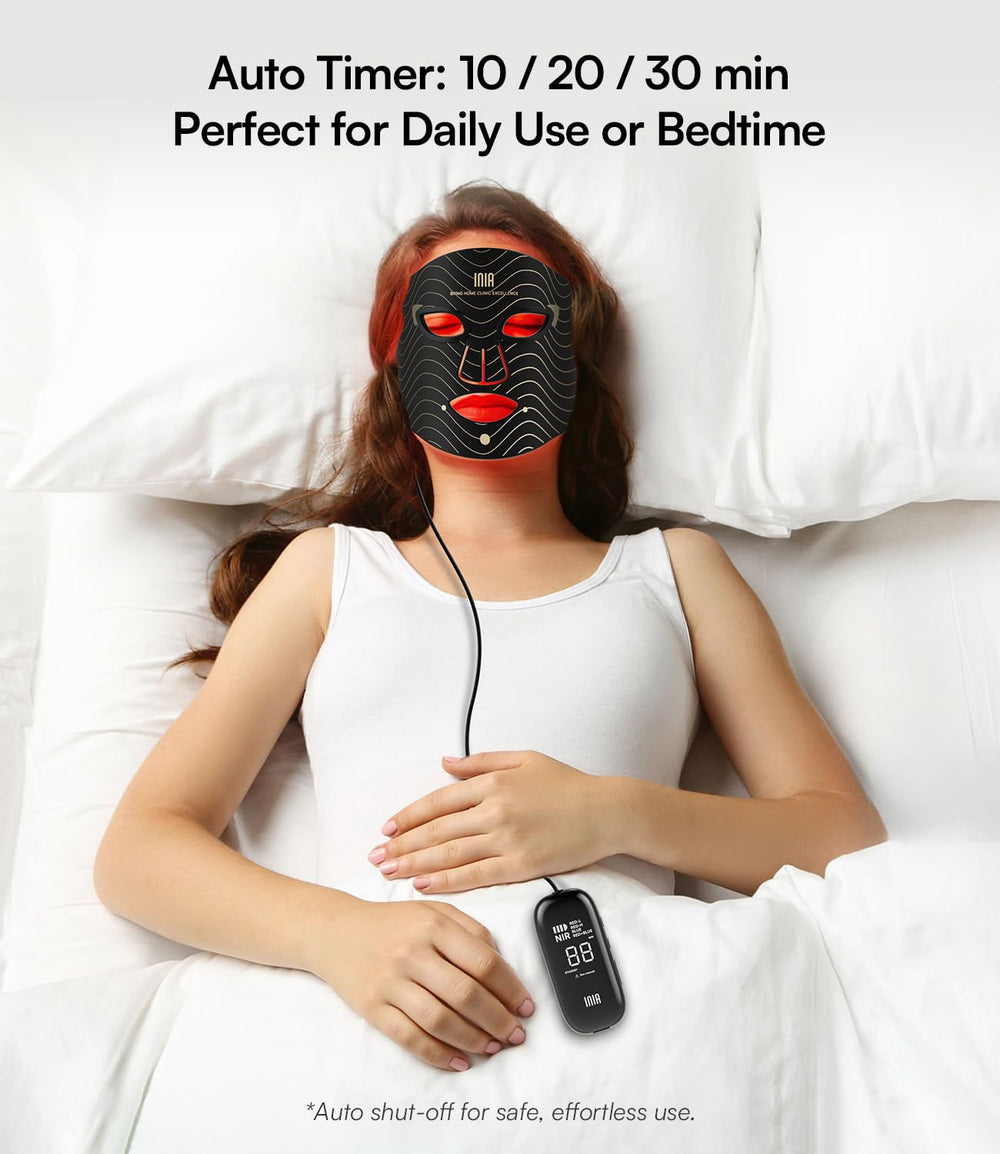 INIA red light mask timer function enabling precise 10/20/30-minute sessions.