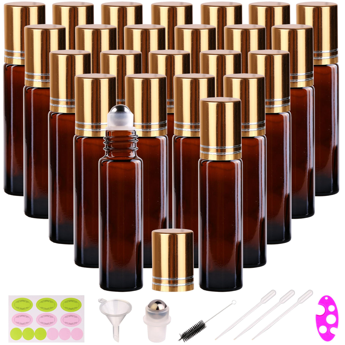 Inice 24-pack roller bottles amber glass 10ml with UV protection