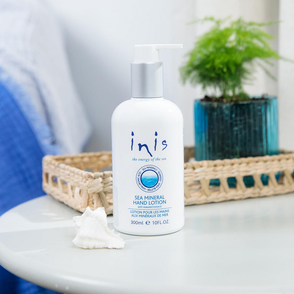 Inis-energy-hand-lotion-texture-closeup shows smooth, fast-absorbing formula ready for quick hand refresh.