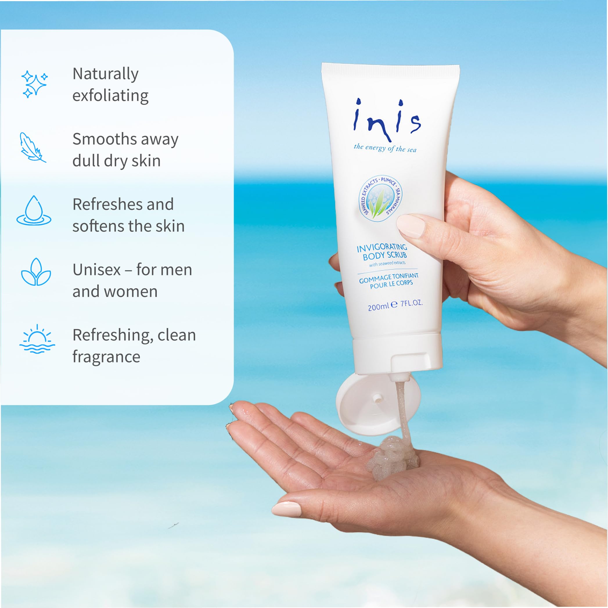 Inis the Energy of the Sea body scrub 7oz bottle on sink for spa-like routine
