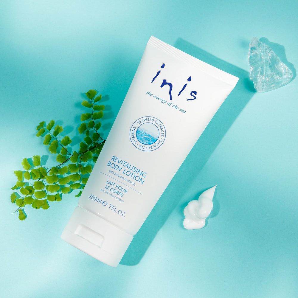 On-shelf packaging of Inis energy of the sea lotion highlighting clean design
