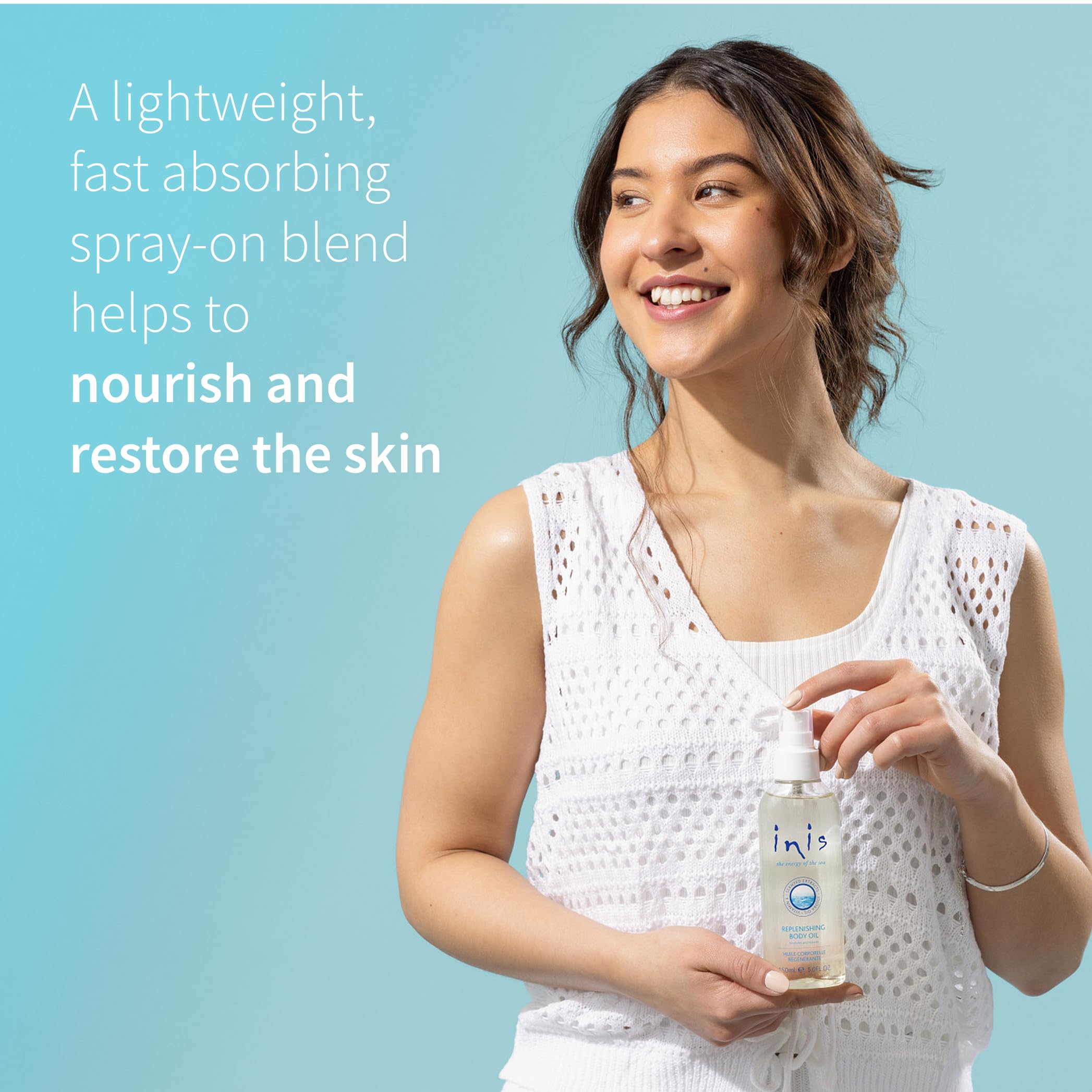 Inis Energy of the Sea replenishing body oil blends borage oil and vitamin E for conditioning skin.