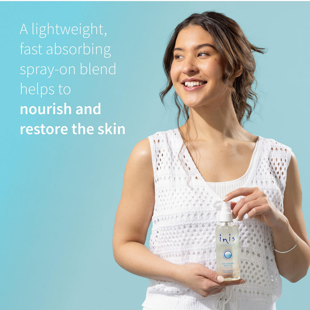 Inis Energy of the Sea replenishing body oil blends borage oil and vitamin E for conditioning skin.