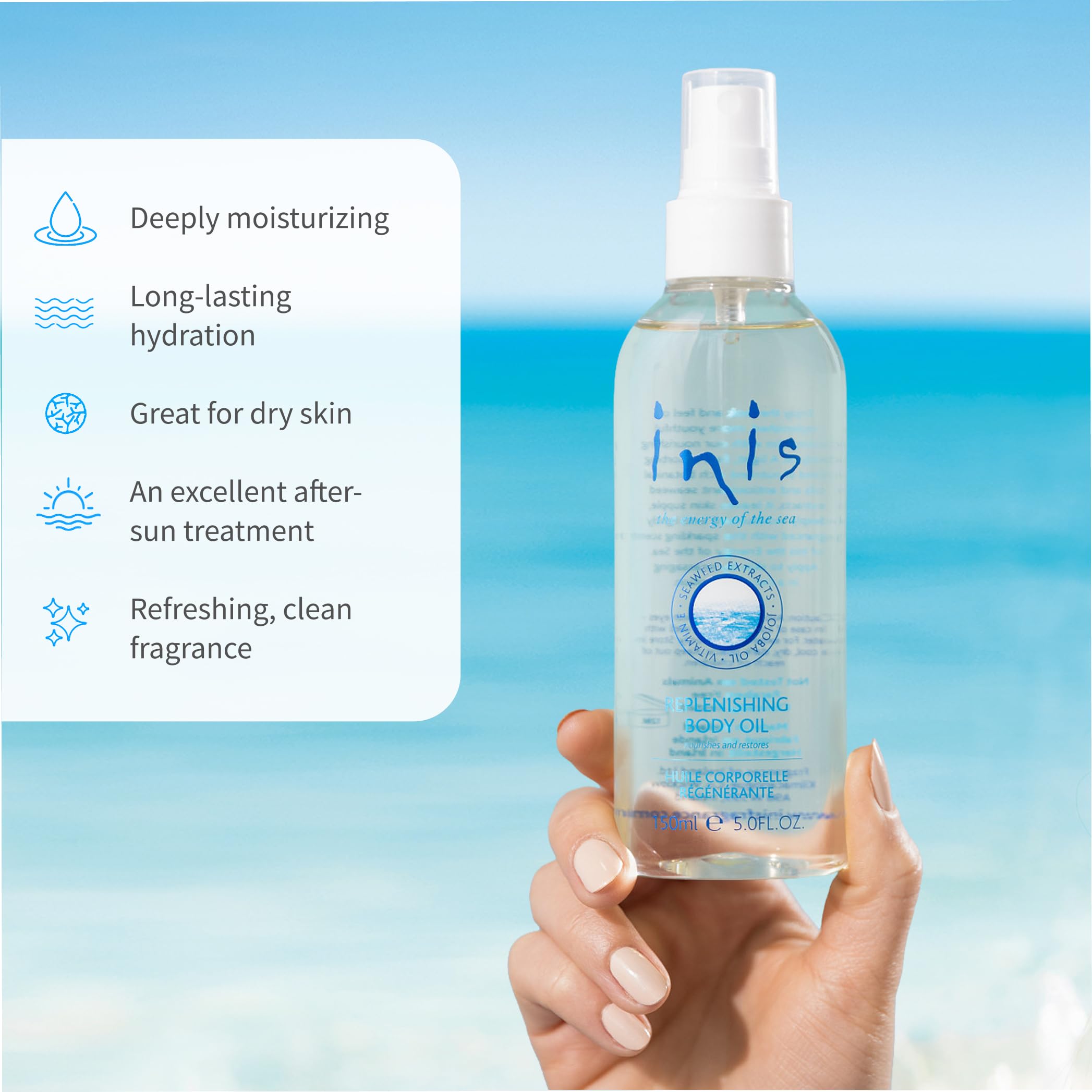 Inis Energy of the Sea replenishing body oil uses seaweed extracts to support lasting moisture.