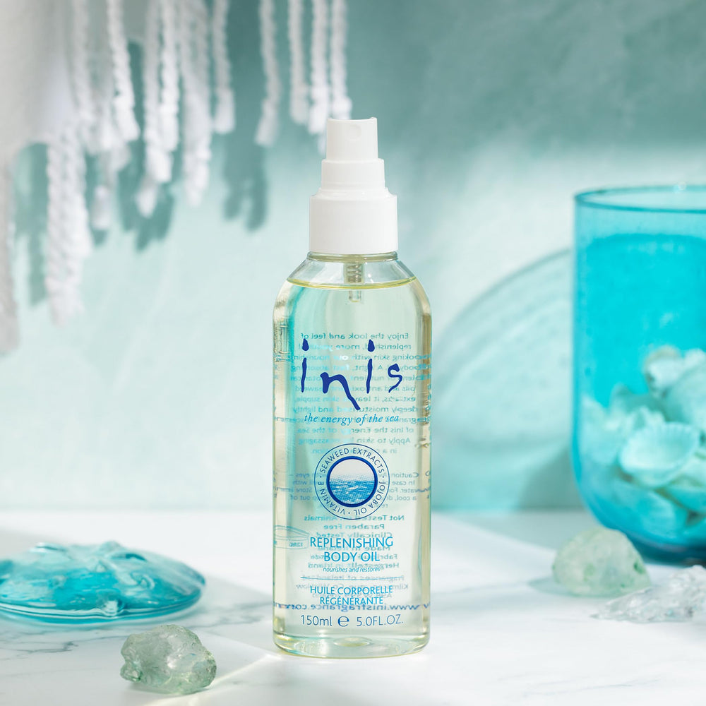 Inis Energy of the Sea replenishing body oil spray-dispense enables easy daily moisture application.