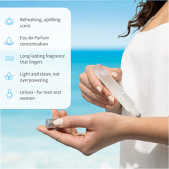 Inis Energy of the Sea roll-on frosted bottle highlights travel friendly design.