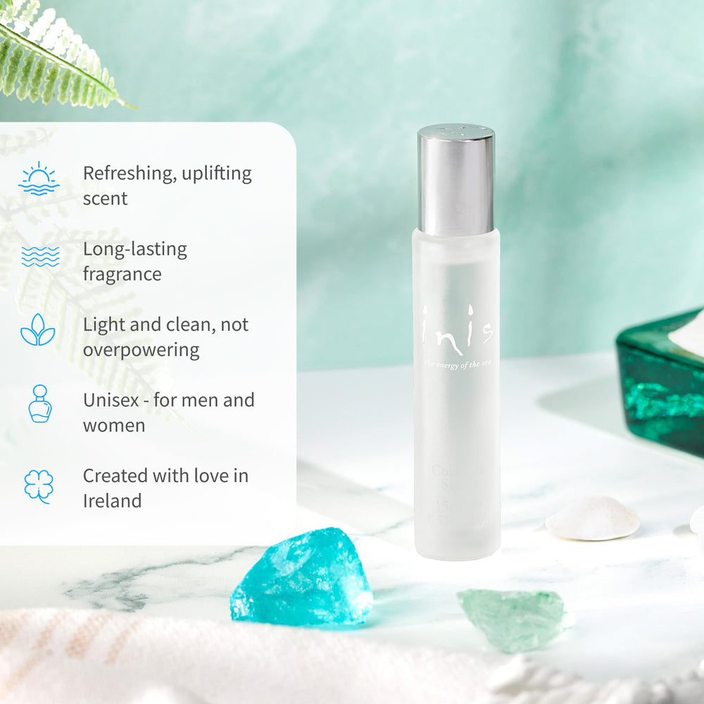 Inis energy of the sea frosted bottle with pebble finish evokes beachy, refreshing vibes.