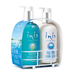 Inis energy of the sea hand wash and lotion caddy at sink for organized, ocean-scented access.