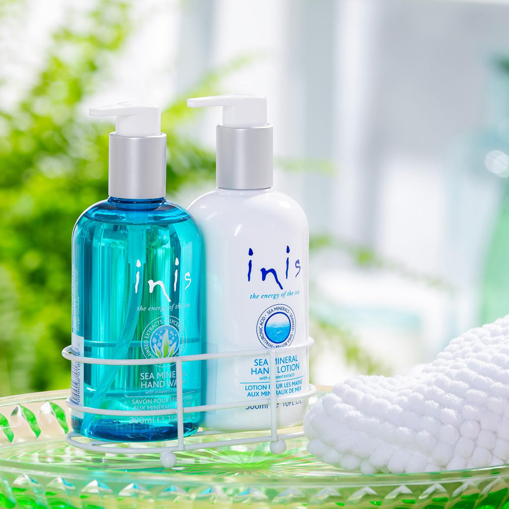 Inis energy of the sea lotion close-up shows silky hydration for hands.