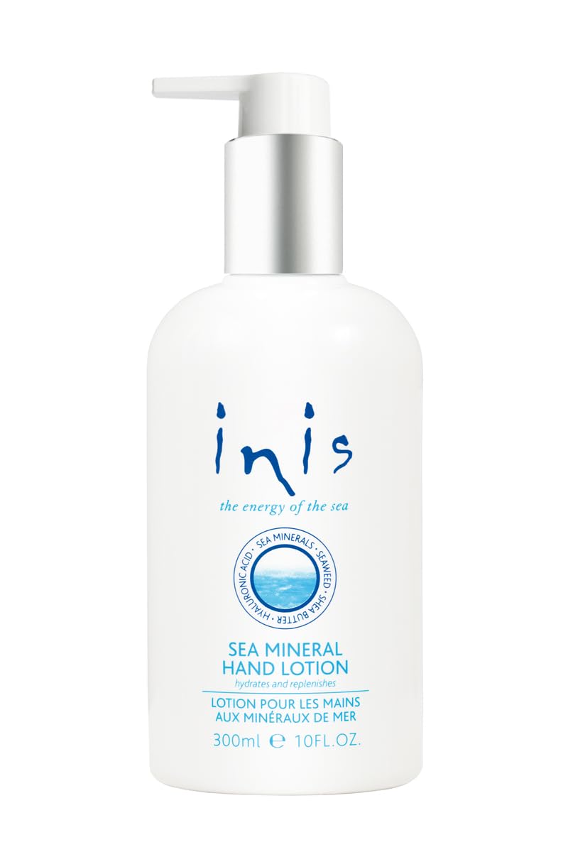 Inis the Energy of the Sea hand lotion packaging with a sparkling bottle for everyday hydration.