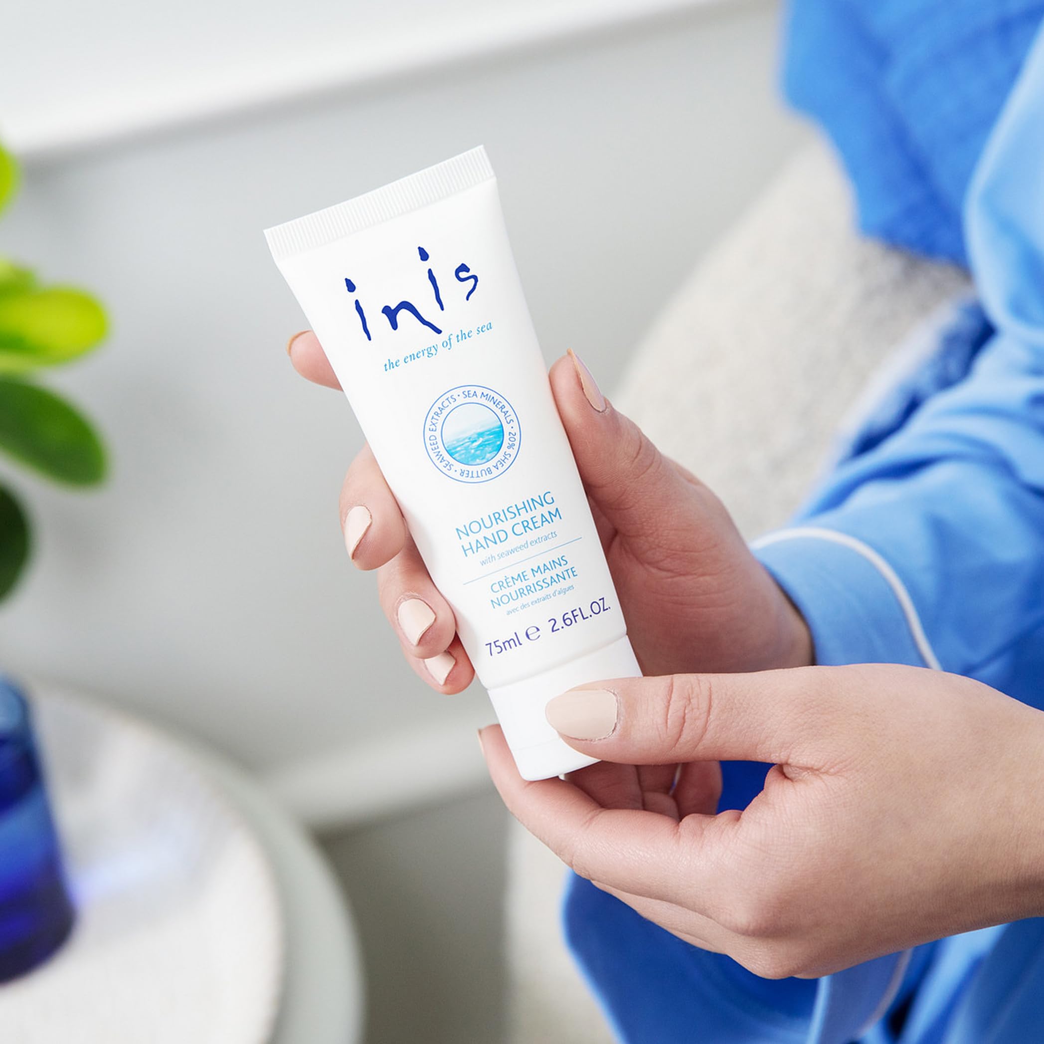 Inis Nourishing Hand Cream texture close-up reveals creamy, soothing feel for dry hands.