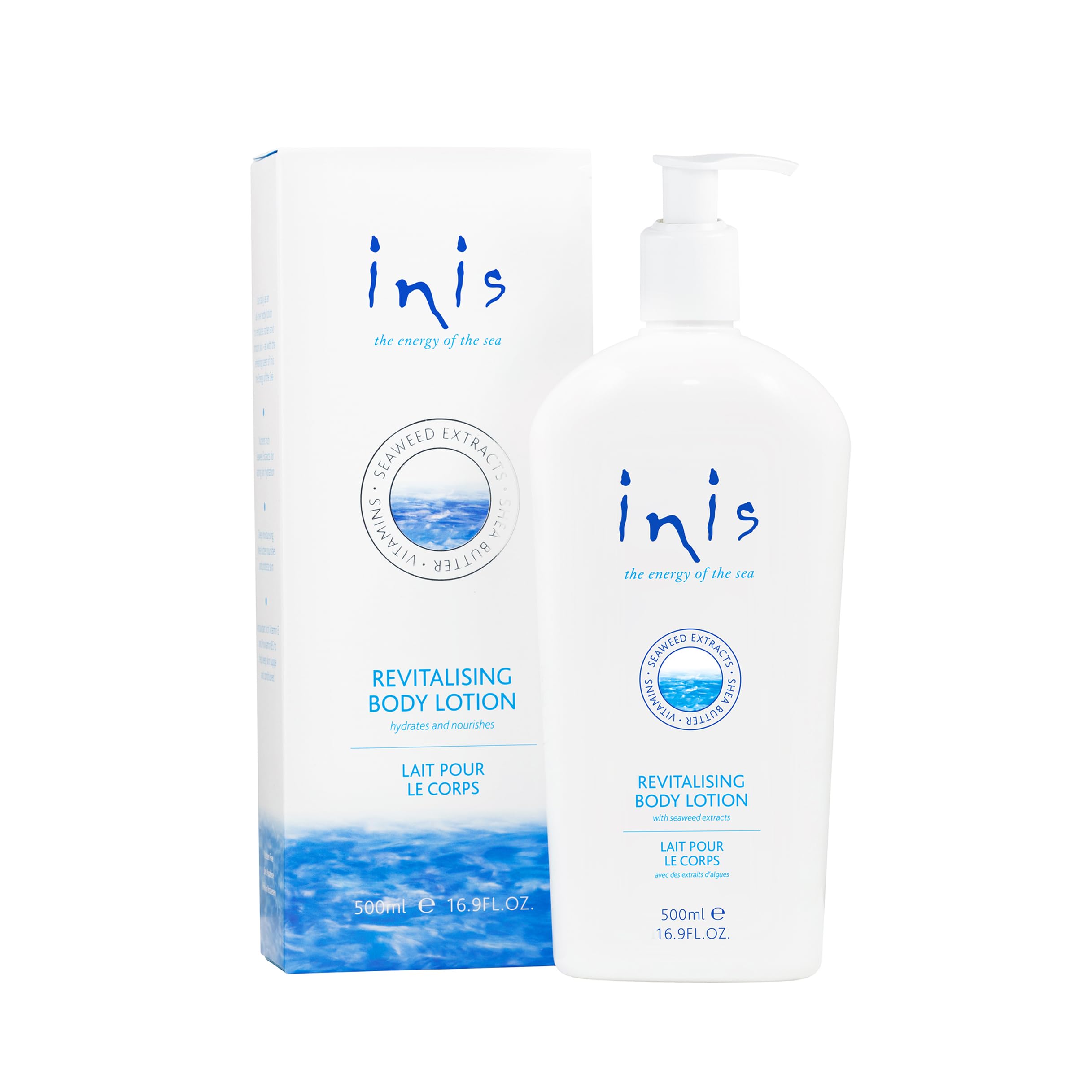 Inis revitalizing body lotion bottle front for daily hydration and fresh coastal scent