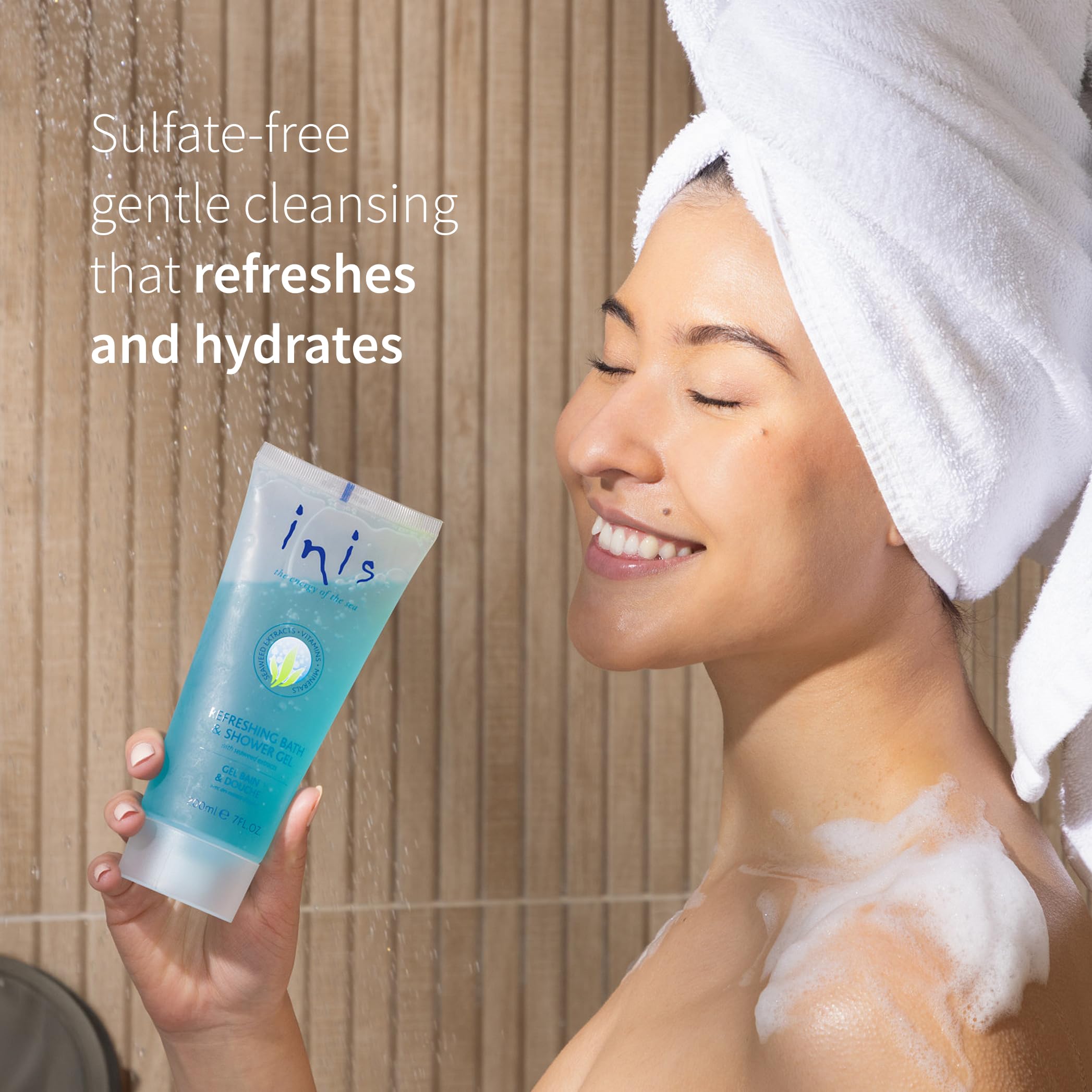Inis sulfate-free body wash bottle emphasizes gentle cleansing while preserving moisture.