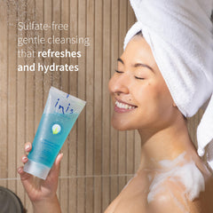 Inis sulfate-free body wash bottle emphasizes gentle cleansing while preserving moisture.