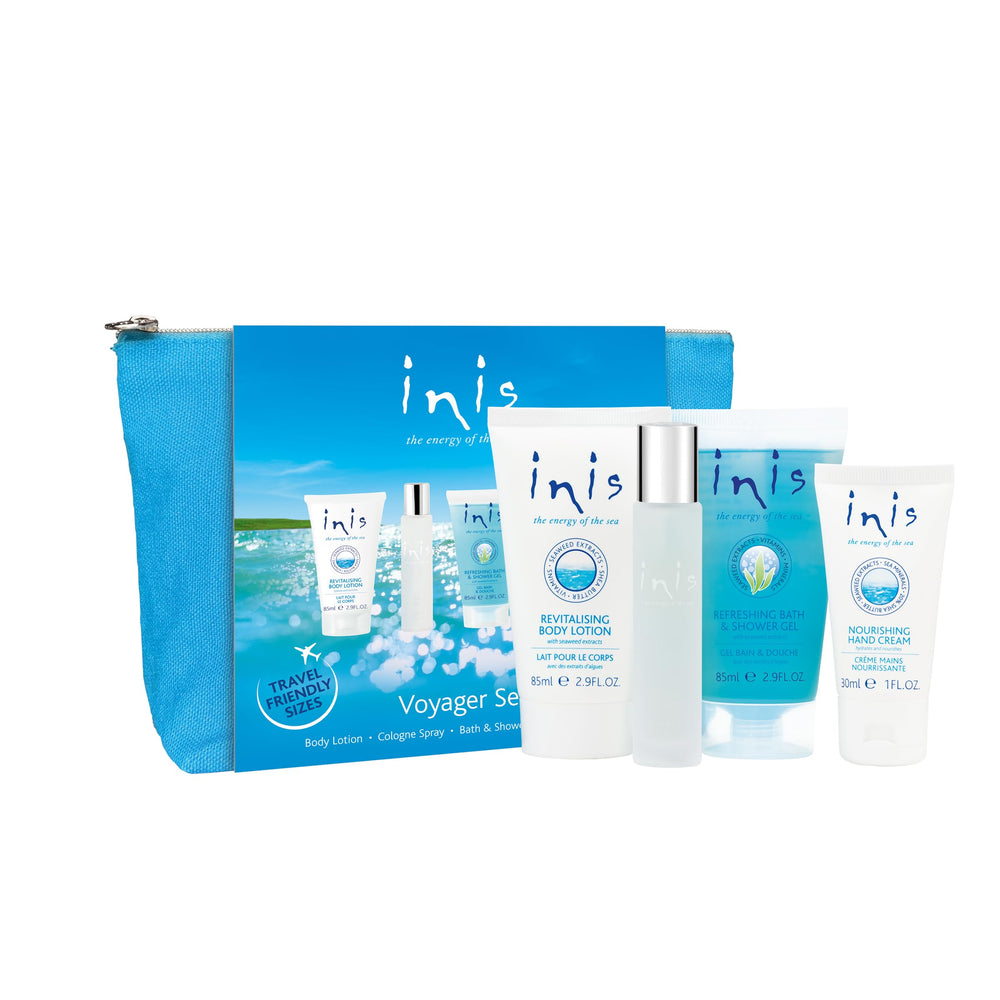 Inis Voyager gift bag on travel-ready display, aqua blue design for easy packing