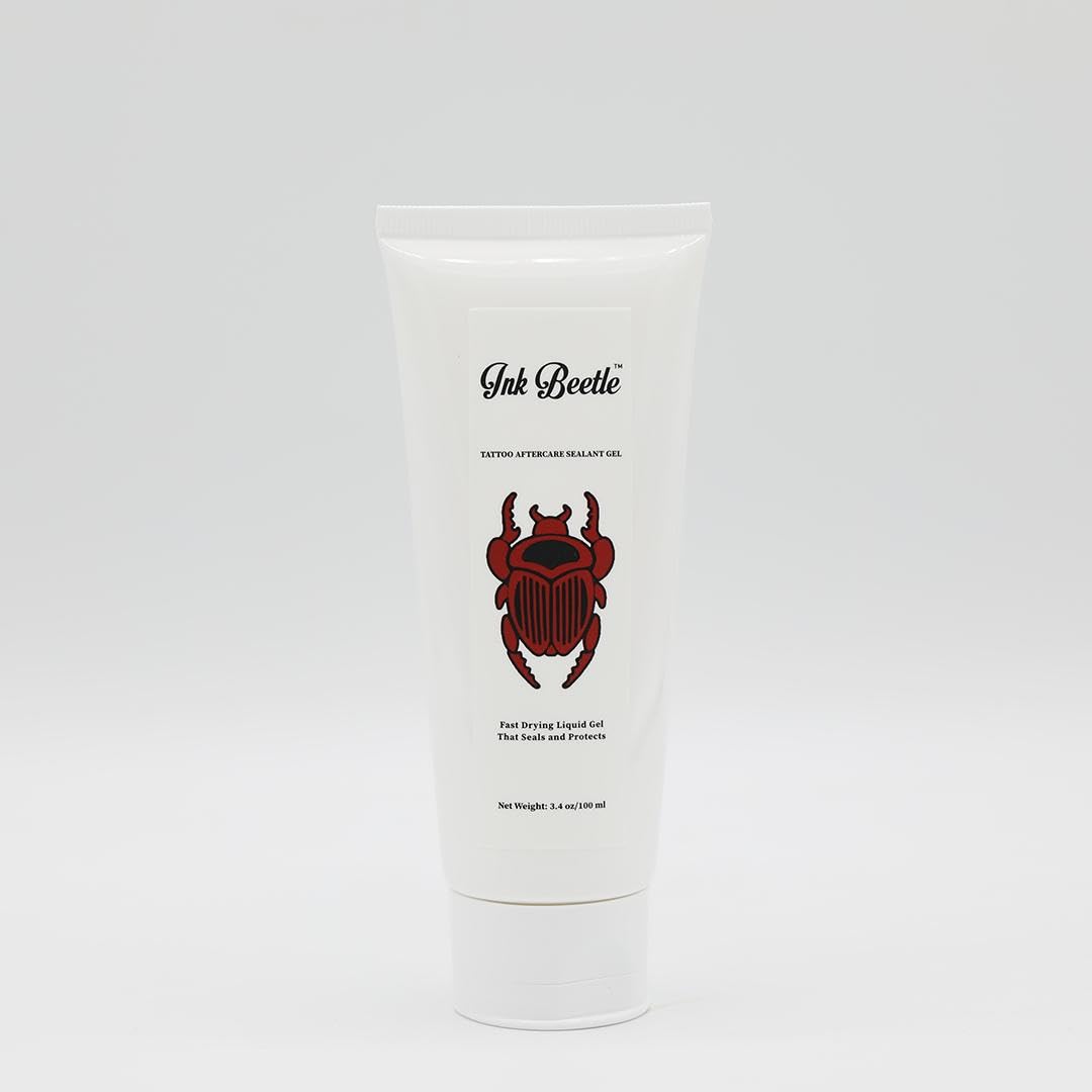 Ink Beetle tattoo aftercare sealant bottle label highlights no adhesives or latex