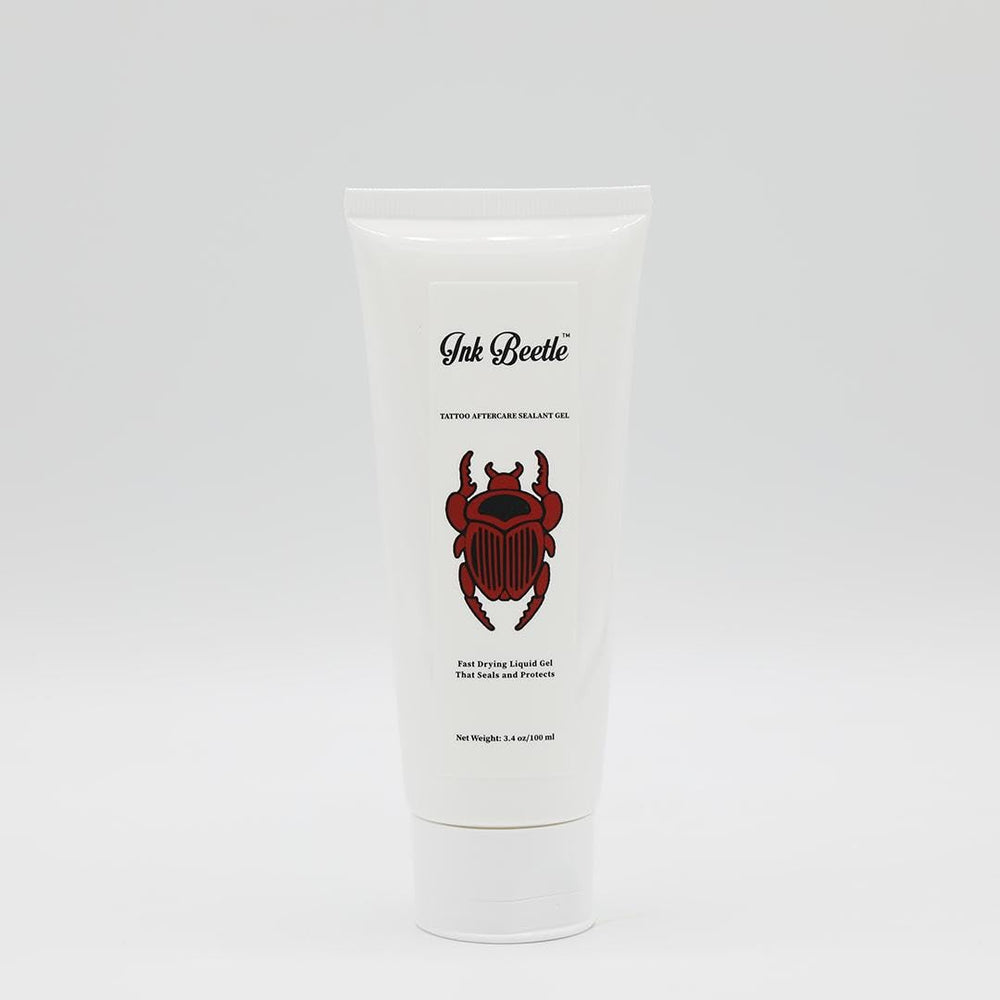 Ink Beetle tattoo aftercare sealant bottle label highlights no adhesives or latex