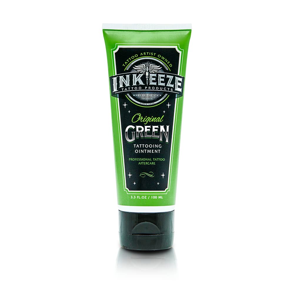 INK-EEZE Green Tattoo Ointment jar closeup showing lavender scent for aftercare.