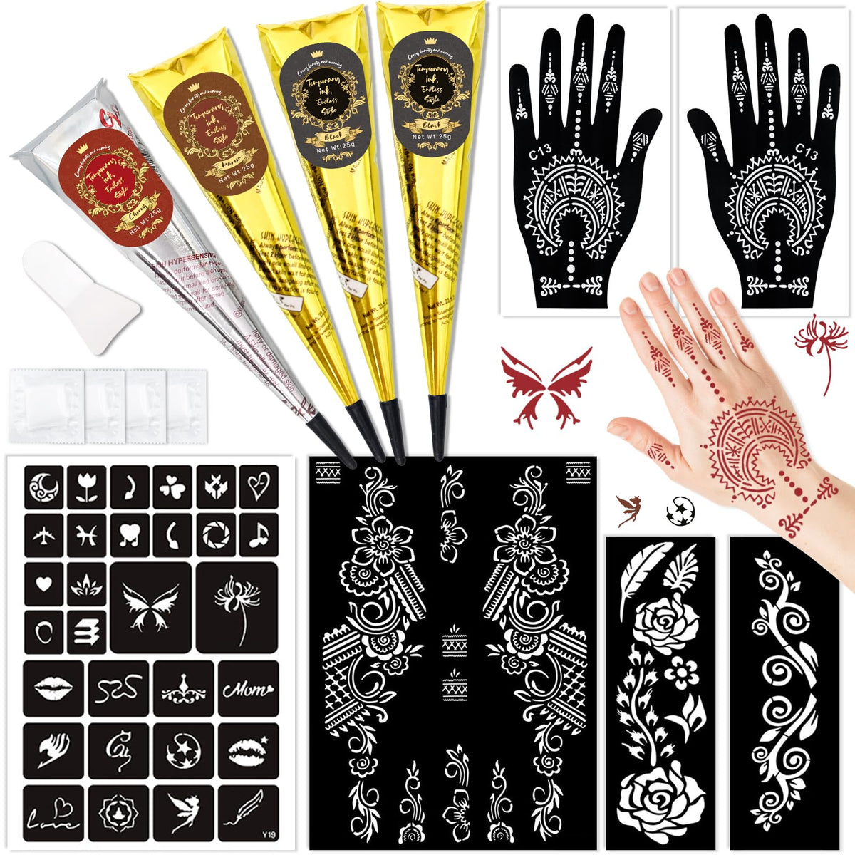InkForge tattoo kit front view with four color inks for vibrant temporary designs.