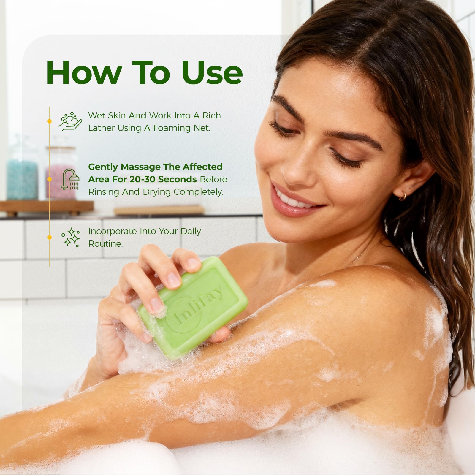 Inlifay antifungal soap foam rinse shows rich lather for full-body cleansing.