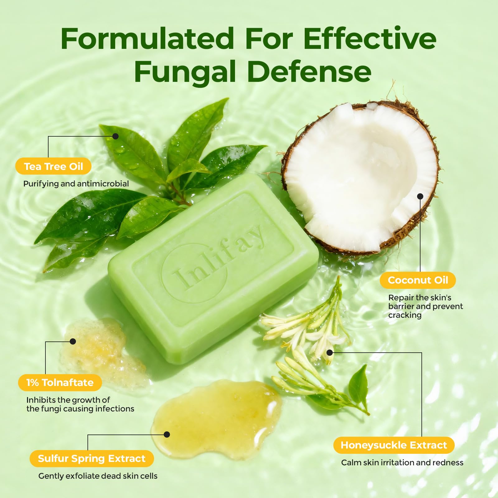 Inlifay antifungal soap lather closeup shows rich foam for thorough cleansing.