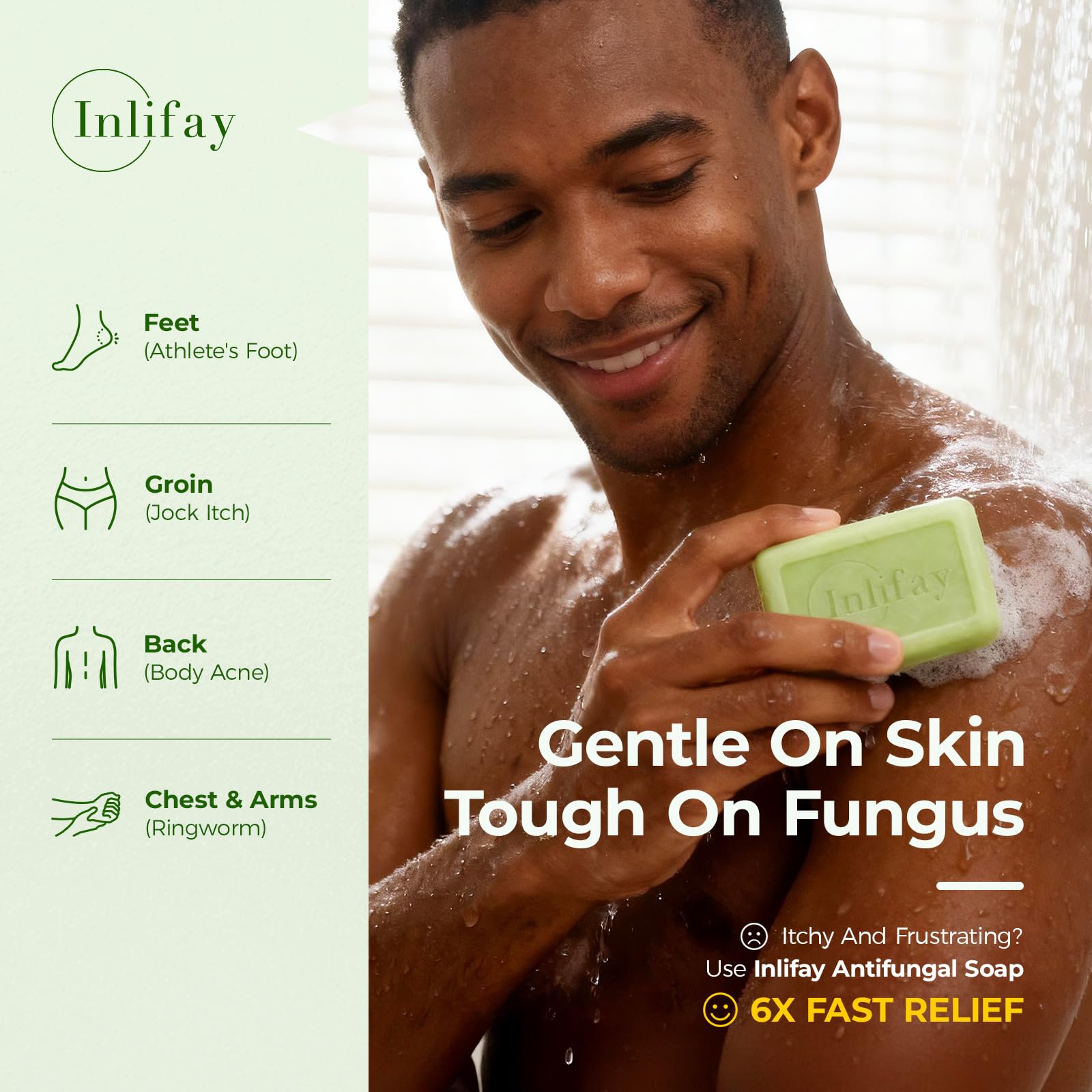 Inlifay antifungal soap side label highlights tea tree oil for soothing cleanse.