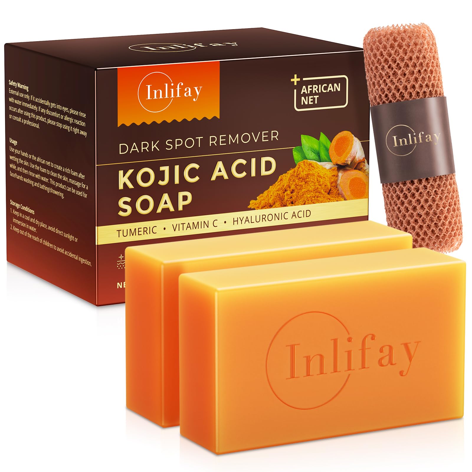 Inlifay Turmeric Kojic Acid Soap bar closeup shows rich texture for daily cleansing.