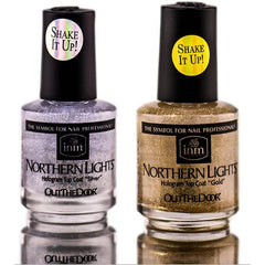 INM Northern Lights hologram top coat gold bottle delivering fast-drying, non-yellowing shine.