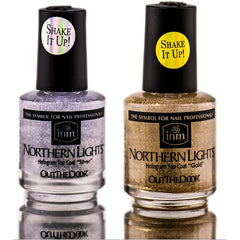 INM Northern Lights hologram top coat silver bottle with 3D shimmer for statement nails.