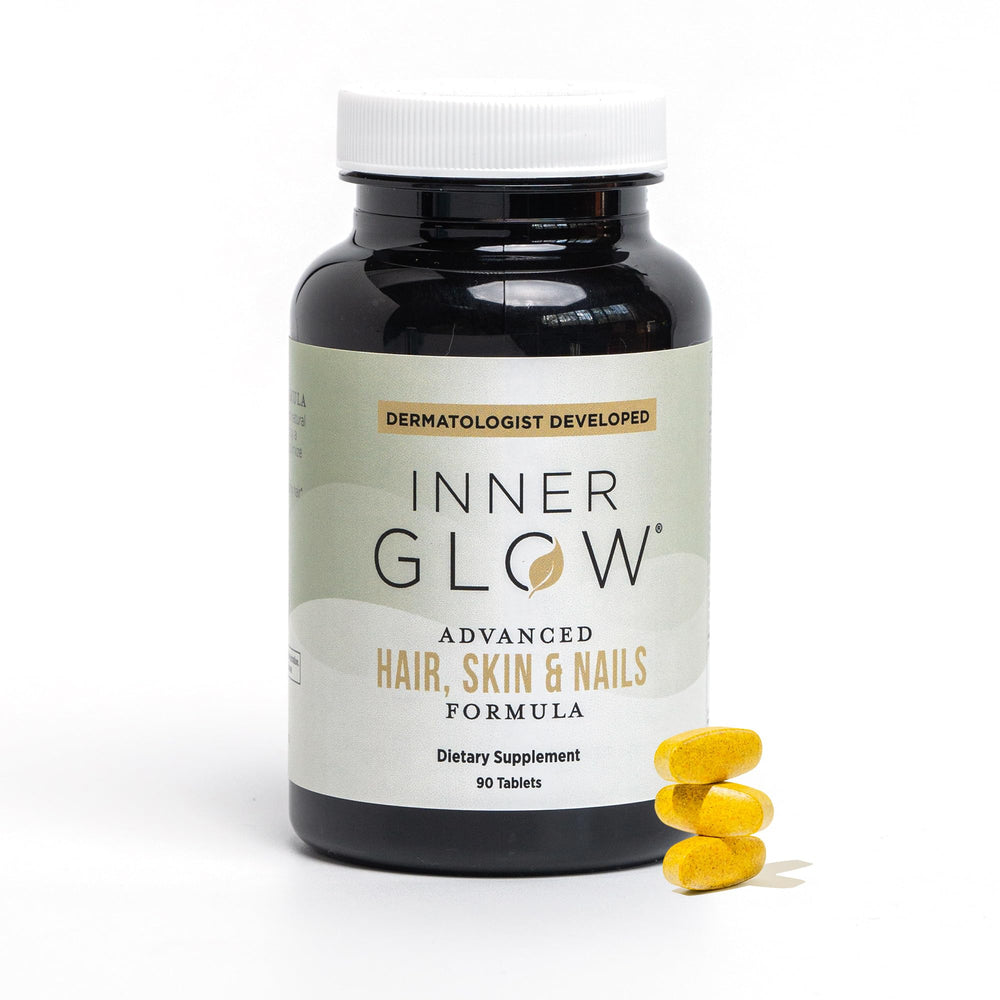 Inner Glow Advanced Hair-Skin-Nails bottle – doctor-developed routine for healthier-looking hair.
