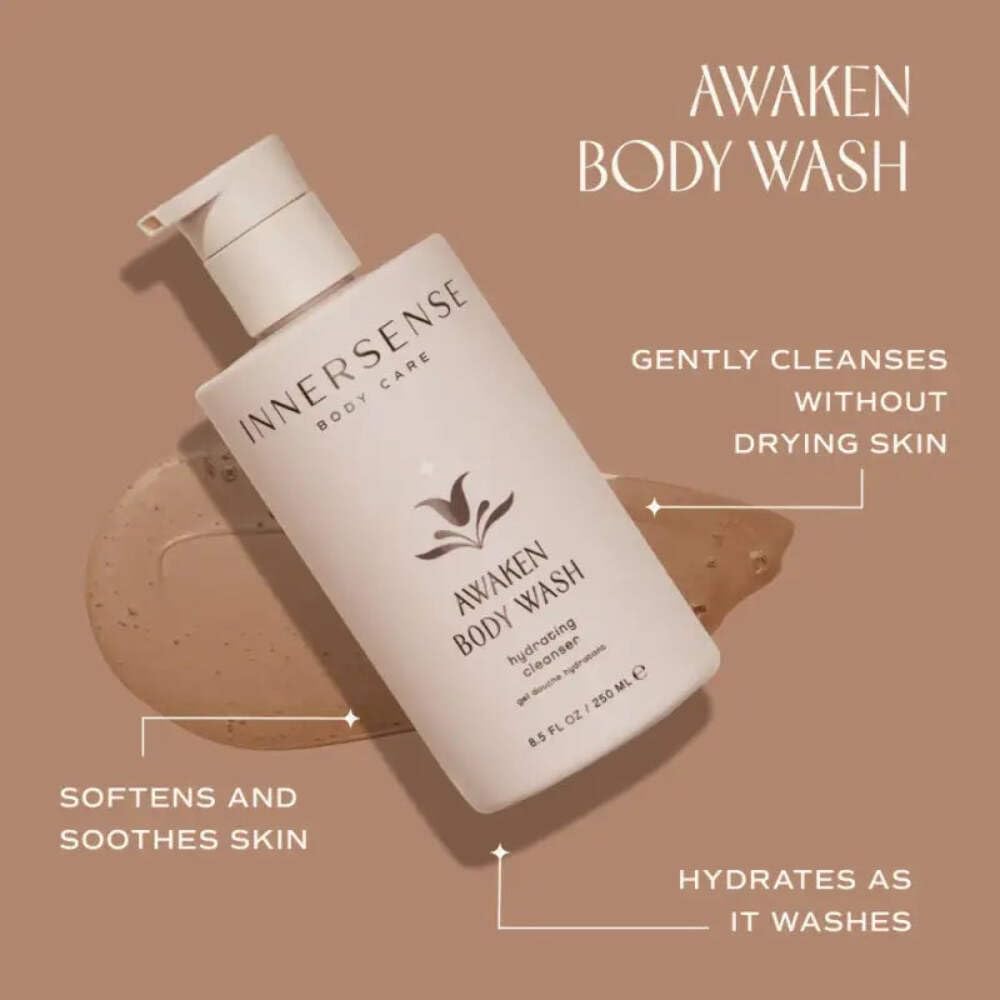 INNERSENSE Awaken Body Wash packaging highlights ethical sourcing and clean ingredients.