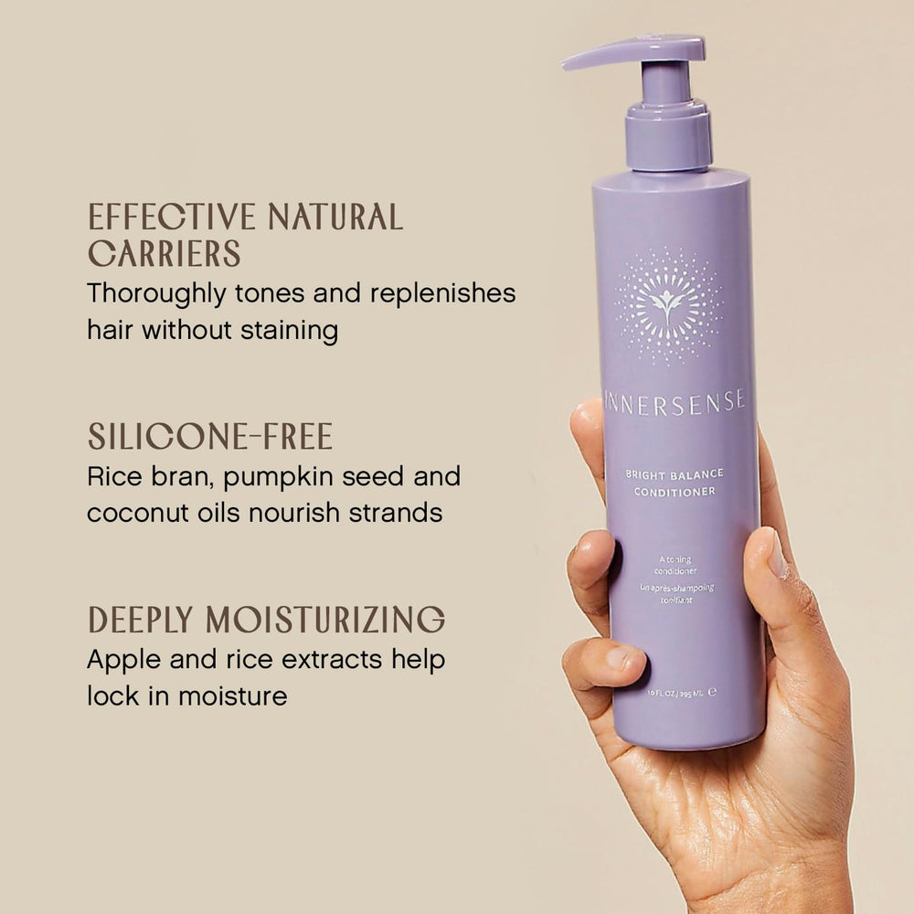 INNERSENSE Bright Balance gray-blonde hair closeup demonstrates renewed shine and softness