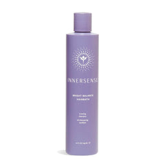 INNERSENSE Bright Balance Purple Toning Hairbath bottle shows violet formula for brass neutralization and shine.
