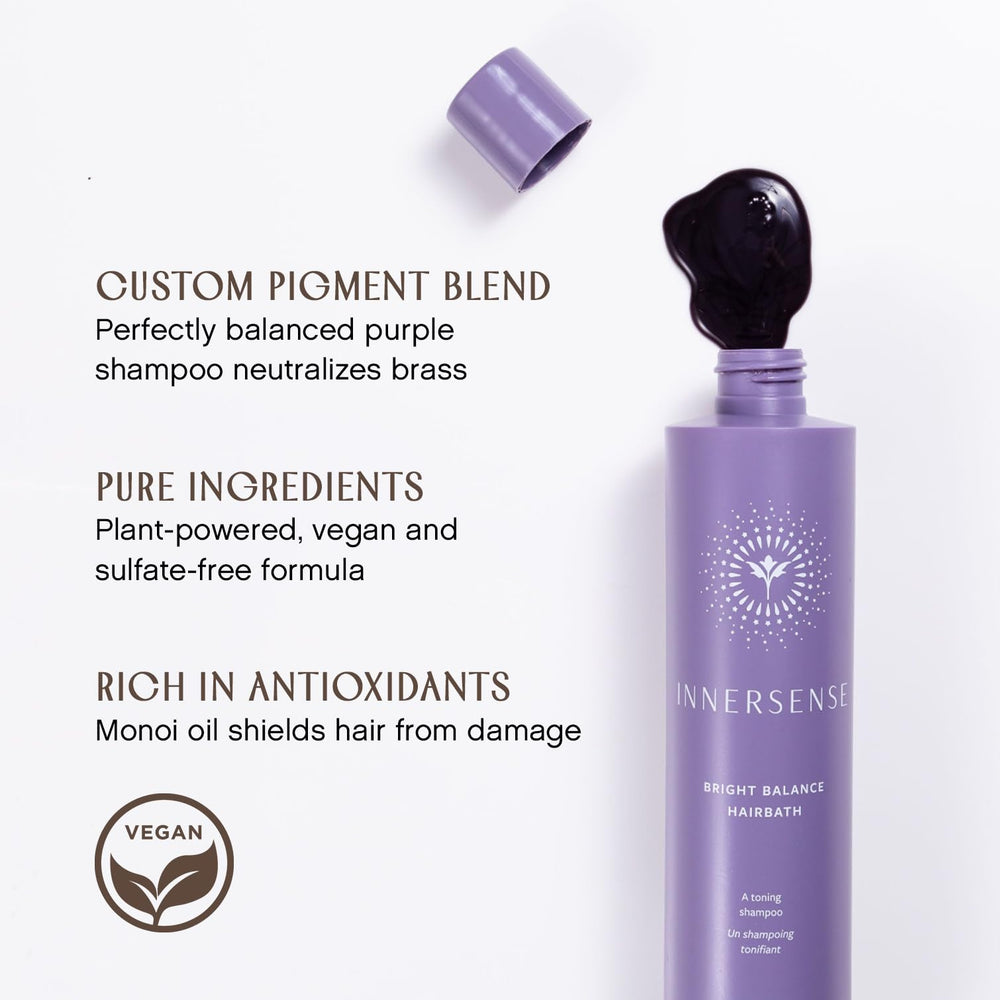 INNERSENSE Purple Toning Hairbath lists Apple and Rice extracts for moisture.