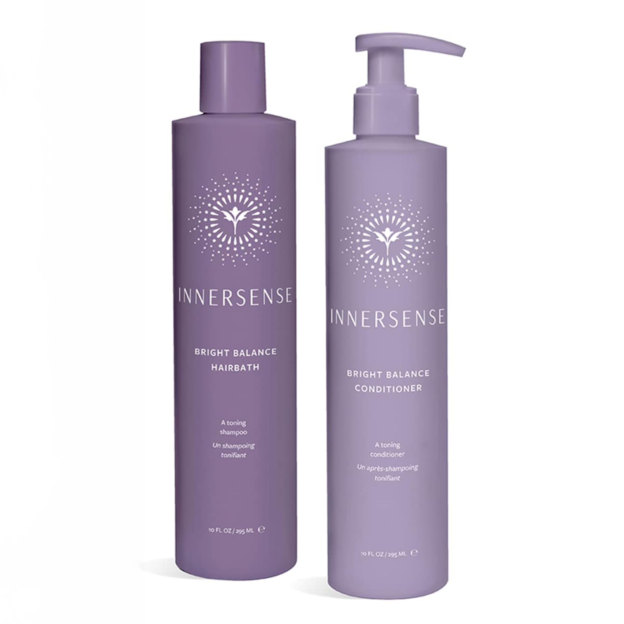 INNERSENSE Bright Balance Shampoo bottle shows color-safe cleansing for blonde and gray hair