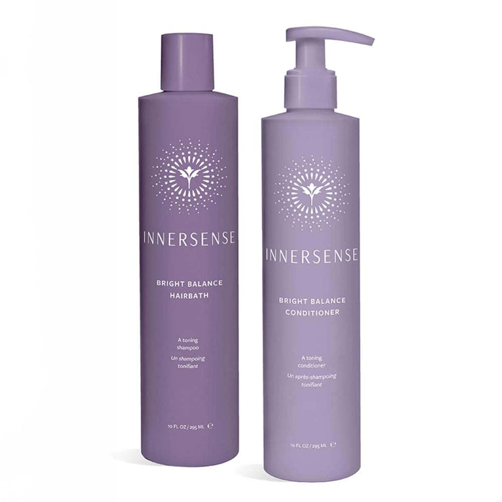 INNERSENSE Bright Balance Shampoo bottle shows color-safe cleansing for blonde and gray hair