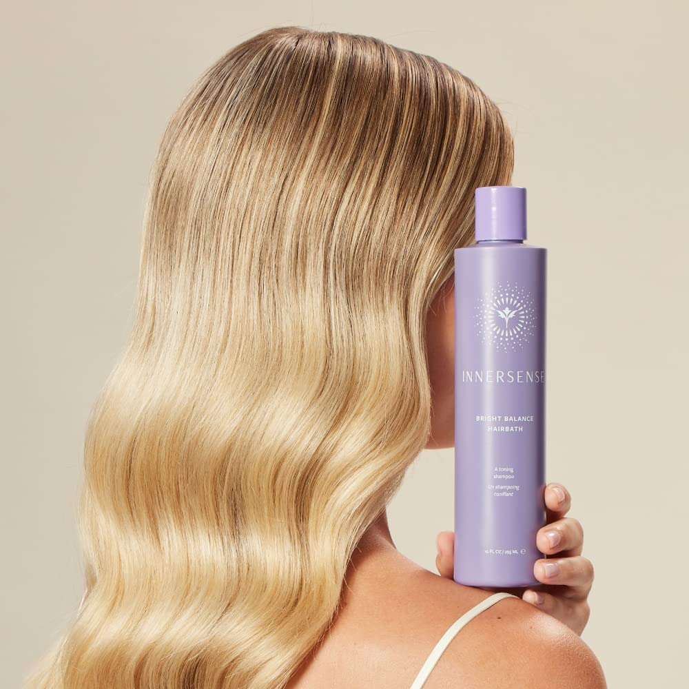 INNERSENSE Bright Balance Shampoo foam-dispense highlights purple-toning application for brass reduction