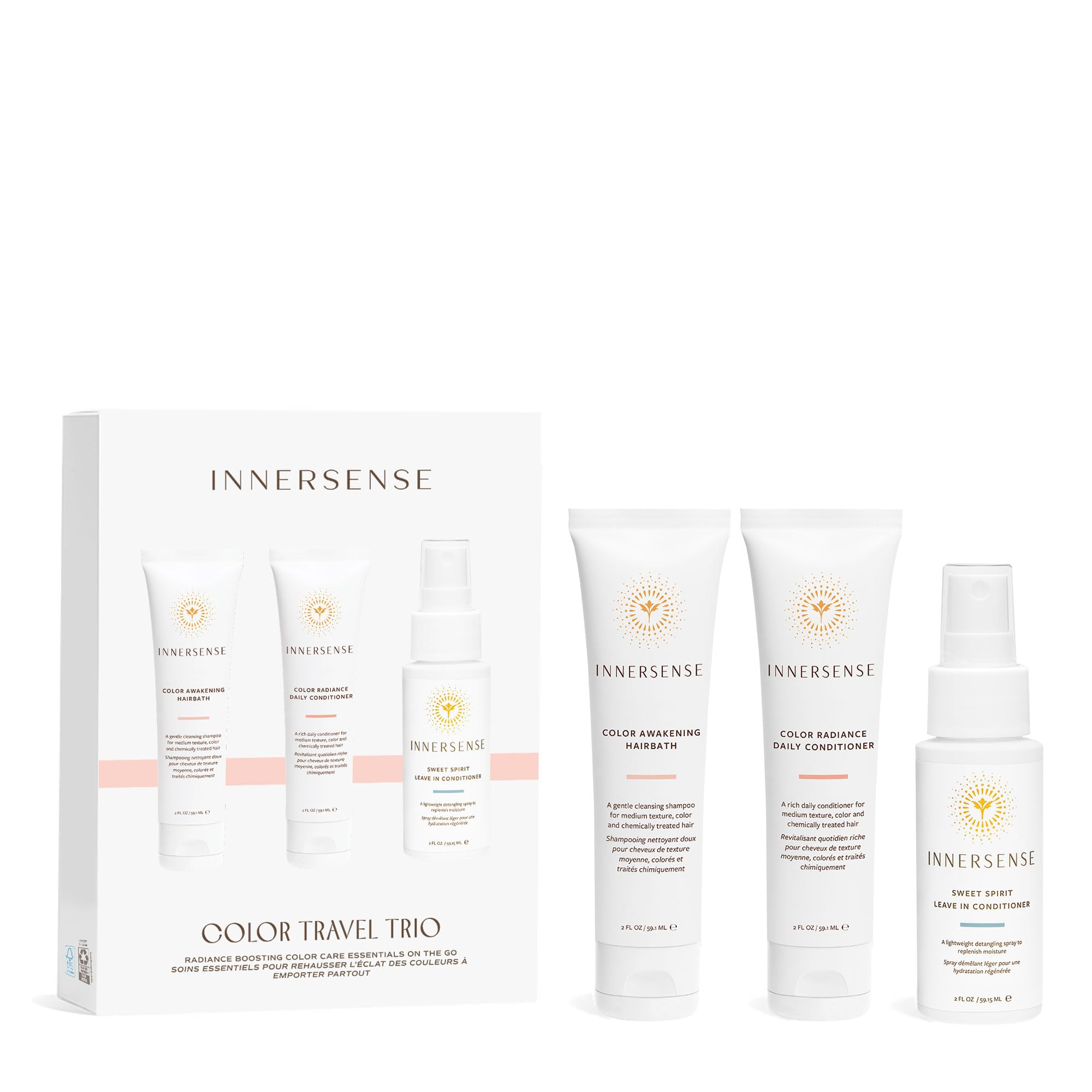 INNERSENSE Color Travel Hair Trio Awakening Hairbath bottle demonstrates gentle sulfate-free cleansing for color-treated hair