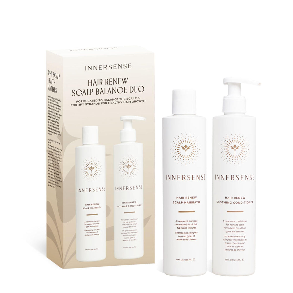 INNERSENSE Hair Renew Duo hairbath bottle showing scalp-care formula for nourishment