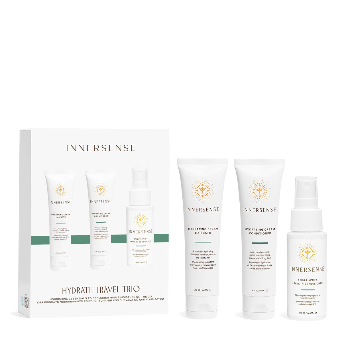 INNERSENSE Hydrating Travel Hair Trio packaging shows compact travel-ready bottles for on-the-go moisture.
