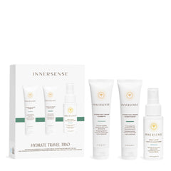 INNERSENSE Hydrating Travel Hair Trio packaging shows compact travel-ready bottles for on-the-go moisture.