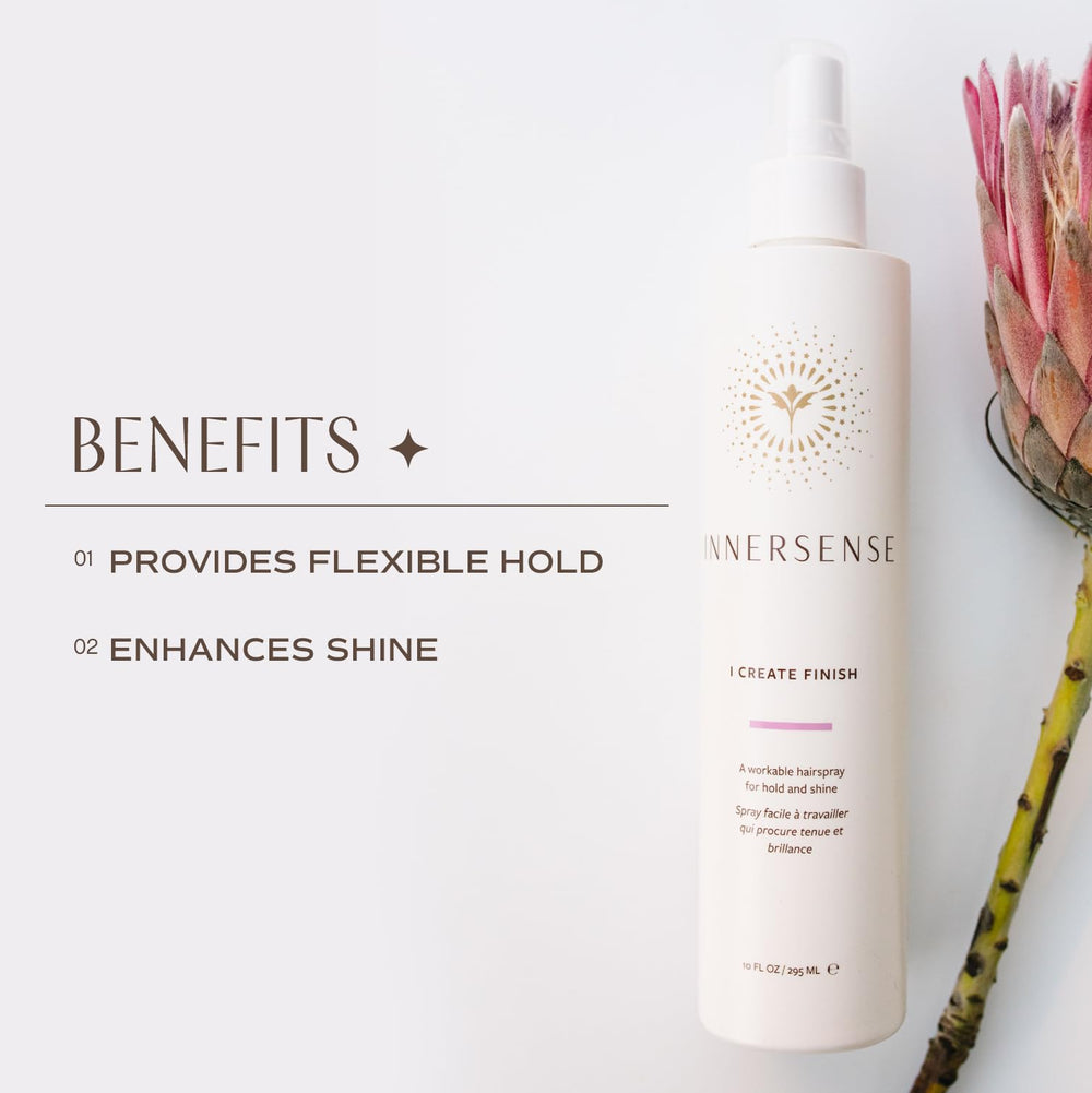INNERSENSE I Create Finish Finishing Spray close-up highlights natural-looking gloss and touchable finish.