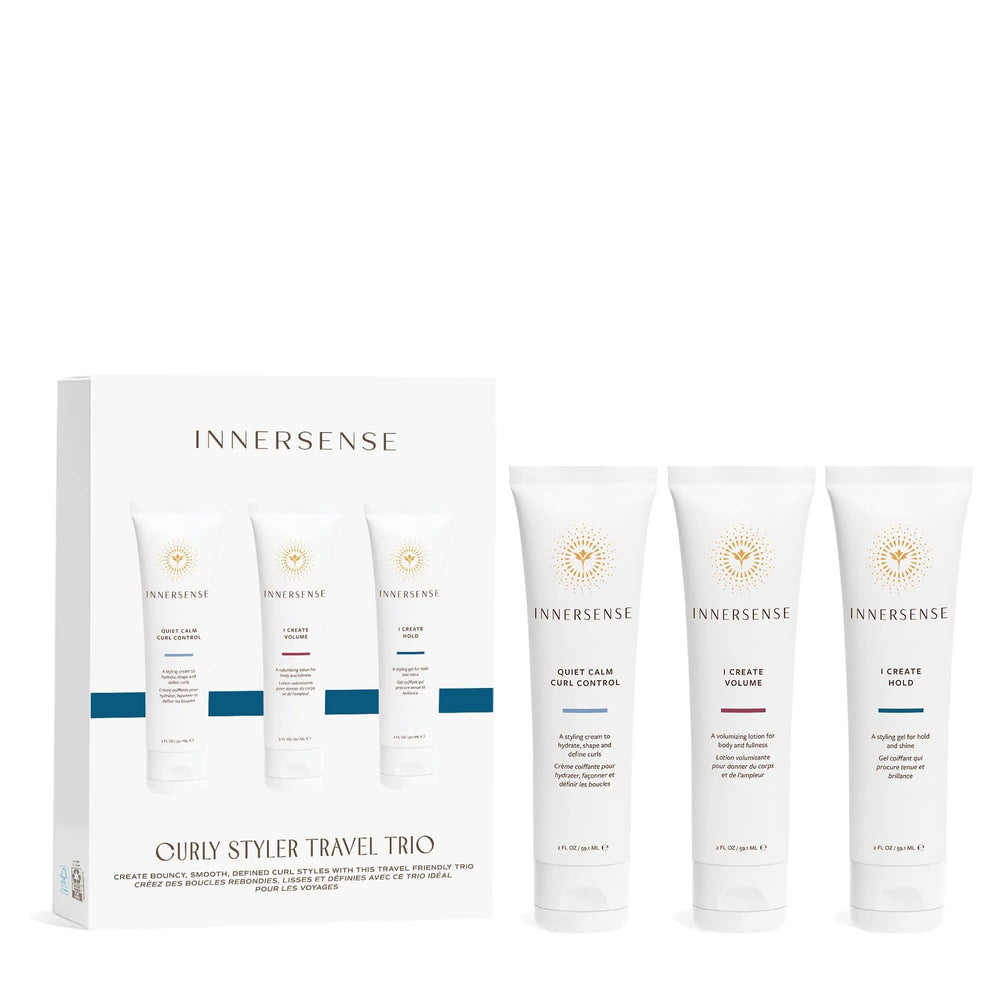 INNERSENSE I Create Hold gel travel pack pour demonstrates defined curls on the go.