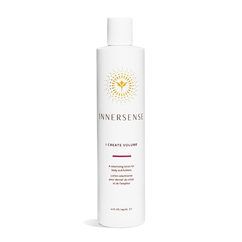 INNERSENSE I Create Volume lotion bottle close-up, showcasing fuller roots and added body.