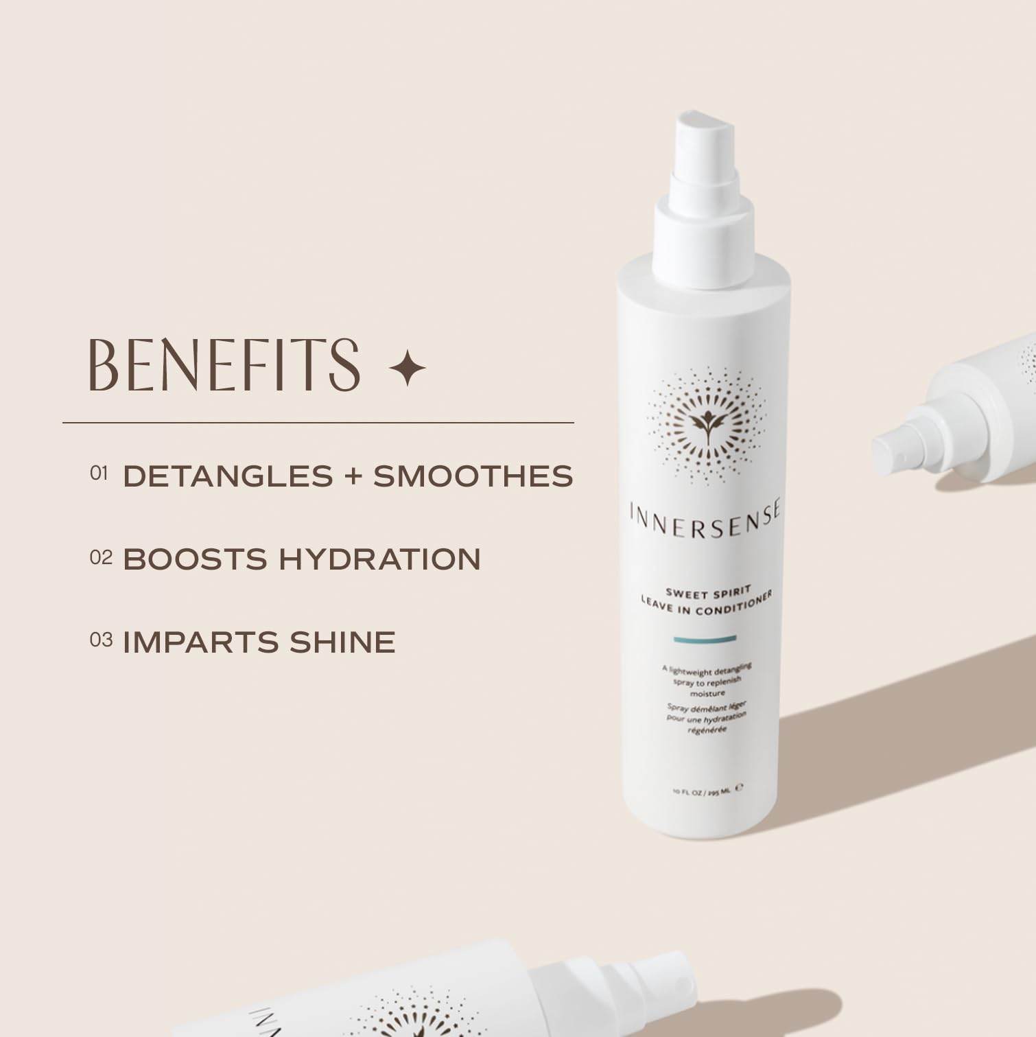 INNERSENSE Sweet Spirit Leave-In Conditioner label closeup highlights natural ingredients and clean beauty.
