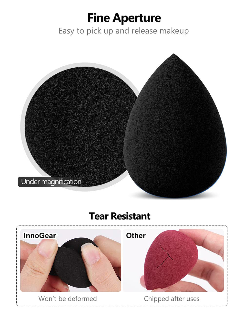 InnoGear makeup sponge with rounded end for larger-area coverage and even tone.