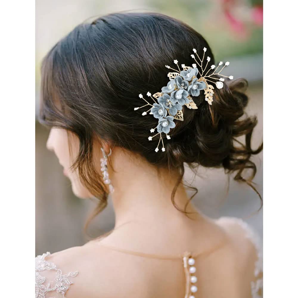 inSowni dusty blue flower comb left view for elegant wedding look