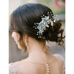 inSowni dusty blue flower comb left view for elegant wedding look
