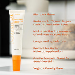 InstaNatural Hyaluronic Acid Eye Gel Cream application on skin demonstrating puffiness smoothing.