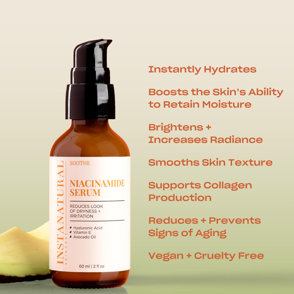 InstaNatural Niacinamide Serum label close-up signals clean skincare